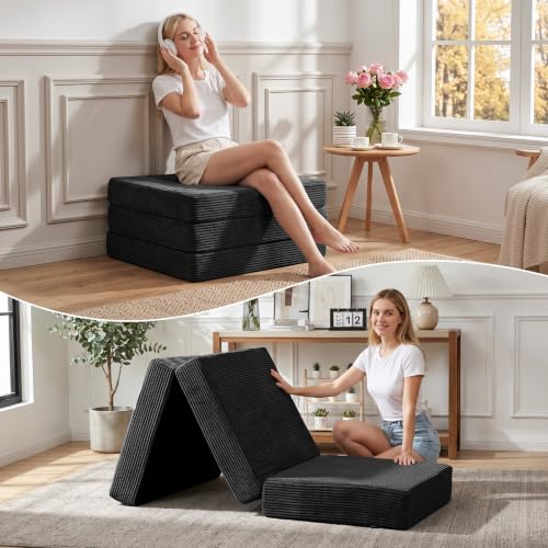 6 Inch Tri Fold Memory Foam Mattress Single Size, Foldable Futon Mattress Topper with Removable Washable Cover, Portable Floor Sofa Bed Guest Mat with Carry Handles & Non-Slip Bottom for Camping - color: Black, size: SINGLE