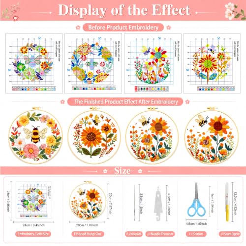Zhenqing Bee & Flower Garden Cross Stitch Kit for Beginners - 4 Pre-Printed Designs with Hoop, Threads & Complete Tools(68059) - color: Bee Four-Piece Set