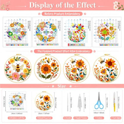 Zhenqing Bee & Flower Garden Cross Stitch Kit for Beginners - 4 Pre-Printed Designs with Hoop, Threads & Complete Tools(68059) - color: Bee Four-Piece Set