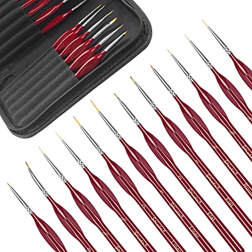 12-Piece Detail Brush Set with Triangular Handles - Red | Micro Fine Tip Brushes With Triangular Handles, 40k, for Model, Miniature, Art Painting and Crafts, Acrylic, Watercolor
