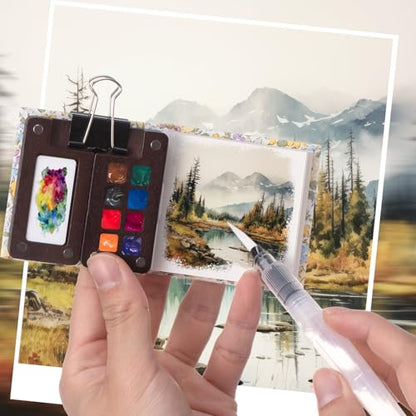Qilery Mini Portable Watercolor Palette Set Wooden Grid Paint Box Watercolor Paper Sketch Book Brush Pens with Binder Clip for Painters Artist Not Include Paint(Winter Jasmine) - style: Winter Jasmine