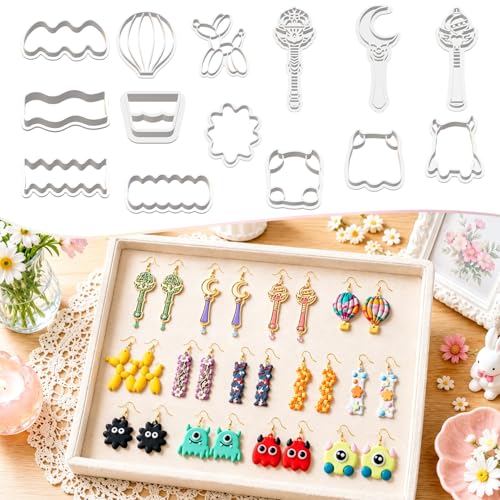 14Pcs Polymer Clay Cutters, Clay Earring Cutters Plastic Clay Jewelry Cutters for Earrings, Hair Clips & Mini Christmas Decorations-Balloon Dog, Hot Air Balloon, Crescent Moon, Monster, Magic Wand - color: DIY Hairpins