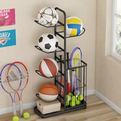 Sports Ball Storage Rack | Adjustable Vertical Stand for Basketball, Soccer, Volleyball & More | Durable Steel Organizer for Garage |5-Ball |45.7 inches, black - size: 5-Balls with Basket