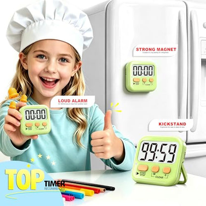 Antonki 2 Pack Digital Timer for Kids Classroom Kitchen Timers for Cooking | w/ Battery, Easy to View, Alarm, Mute Mode, Count Down/Up, Magnetic, Kickstand, Hanging, Classroom Timer for Teacher Supplies - color: Light Green