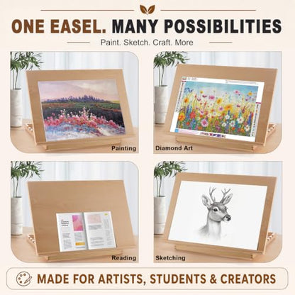 24.9"x17.3" Beechwood Tabletop Easel with Paint and Sketch Papers,Mask Tape | Extra Large Adjustable Art Easel Stand, Drawing Board for Painting, Sketching and Diamond Art - style: A2