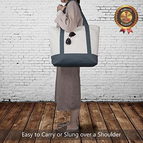 TOPDesign 1-Pack Canvas Tote Bag with an External Pocket, Reusable Grocery Shopping Bag, Top Zipper Closure, Daily Essentials (Grey/Natural) - color: Grey/Natural