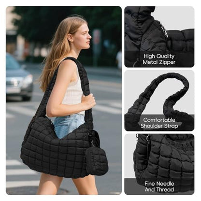 Puffer Tote Bag for Women, Large Quilted Puffer Bag with Pouch, Puffy Quilted Hobo Bag, Puff Crossbody Purse - color: 2-black