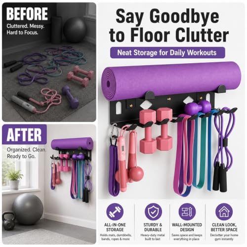 Steel Wall Mount Gym Storage Rack, Yoga Mat Holder, Black