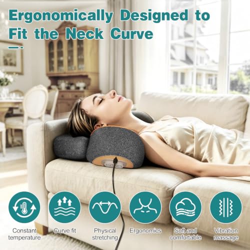 3-in-1 Neck Massager Pillow with Heat, Massage and Traction Stretching, Cervical Neck Shoulder Massager for Pain Relief, Deep Tissue, Ergonomic Design Pillow for Women/Men Home Office Use(Gray)