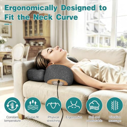 3-in-1 Neck Massager Pillow with Heat, Massage and Traction Stretching, Cervical Neck Shoulder Massager for Pain Relief, Deep Tissue, Ergonomic Design Pillow for Women/Men Home Office Use(Gray)