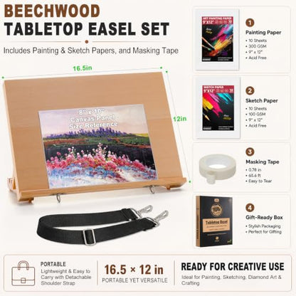 16.5"x12" Beechwood Tabletop Easel with Paint and Sketch Papers,Mask Tape | Portable Adjustable Art Easel with Detachable Strap, Drawing Board for Painting, Sketching and Diamond Art - style: A3