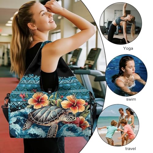 Gym Bag with Yoga Mat Holder Large Tote Bag With Multi Pockets for Women Men Dry Wet Separated Pocket Carryall Yoga Tote Bag for Pilates Travel Workout Office - color: Sea Turtle& flower