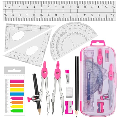 Akuoly Maths Compasses Full Starter Geometry Kit with 2 Drafting Compasses Protractor 2 Set Squares Ruler Pencil and More for Students Maths Study Homework etc. Pink