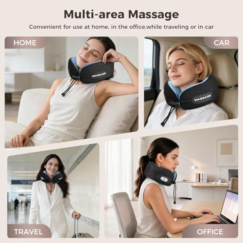 Travel Neck Pillow with Massage & Heat, U-Shaped Neck Massager with 8-Point Vibration, Eye Mask and Earplugs Set – Ergonomic Memory Foam, Ideal for Travel, Office, Home