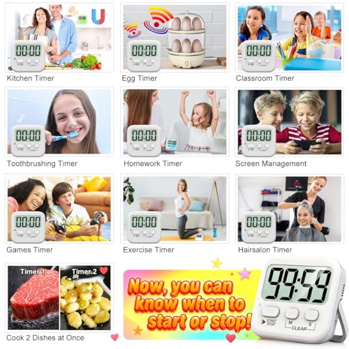 Antonki 2 Pack Digital Timer for Kids Classroom Kitchen Timers for Cooking | w/ Battery, Easy to View, Alarm, Mute Mode, Count Down/Up, Magnetic, Kickstand, Hanging, Classroom Timer for Teacher Supplies - color: Pure White *2