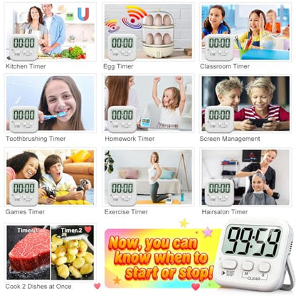 Antonki 2 Pack Digital Timer for Kids Classroom Kitchen Timers for Cooking | w/ Battery, Easy to View, Alarm, Mute Mode, Count Down/Up, Magnetic, Kickstand, Hanging, Classroom Timer for Teacher Supplies - color: Pure White *2