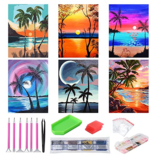 abcGoodefg Diamond Art Kits for Adults 6 Pack, DIY 5D Diamond Art Paintings Beach Sunset Round Full Drill Paint by Diamonds, 12x16 inch - color: Sunset