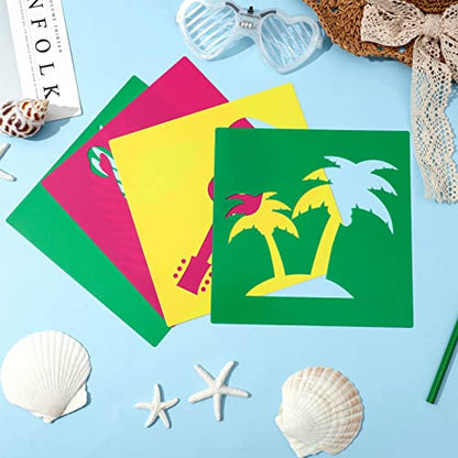 Henoyso 24 Pcs Summer Aloha Stencil for Kids 8 Inch Reusable Templates | Plastic, Drawing Painting Templates, Flamingo, Tree, Hawaii, Pink, Green, Toddlers, Wood Paper Scrapbook, DIY Art Crafts - style: Flamingo Style