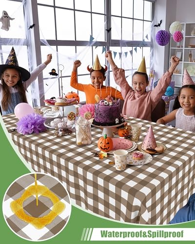 Smiry 8 Packs Gingham Disposable Table Cloth, 54 x 108 Inch Waterproof Plastic Tablecloth, Rectangle Brown and White Checkered Table Covers for Picnic, Birthday, Party - color: Brown and White, size: 54"x108" (Pack of 8)