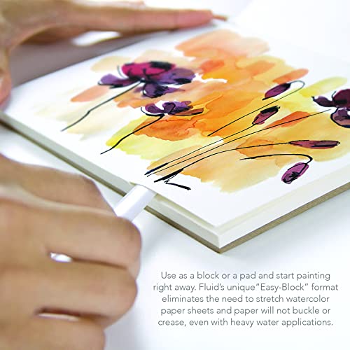 Fluid Artist Watercolor Paper Block, 9 x 12 inches, 15 White Sheets, 140 lb (300 GSM) Hot Press Pad for Painting and Wet Media - size: 9 x 12