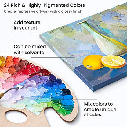 ARTEZA Oil Paint Set – 24 Multicolor Tubes (0.4 Fluid Ounces Each), Vibrant Oil-Based Paints for Canvas & Art Projects