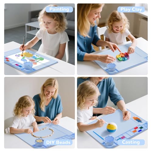 Silicone Art Mat for Kids Silicone Painting Mat Silicone Painting Station with Detachable Cup,Palette with Lid &360°Phone Holder Craft Mat for Kid Paint Mat with Bulit-in Brush Rest&Ruler 20"X16" Blue