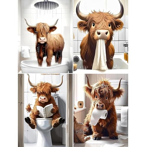 Highland Cow Diamond Art Kits for Adults,Bathroom Decor Diamond Painting | Diamond Art 4Pcs Kit for Beginners, 5D DIY Full Drill Diamond Painting Gem Art, Home Wall Art Gifts(12x16 inch) - color: DP03946