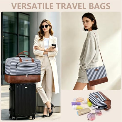 Large Women Travel Weekender Bag: Carry on Duffle with Shoe Compartment | Overnight Duffel Bags with Wet Pocket, Crossbody & Toiletry Bag, 3PCS Womens Traveling Tote Set for Hospital Gym Weekend Trip - color: Blue Striped