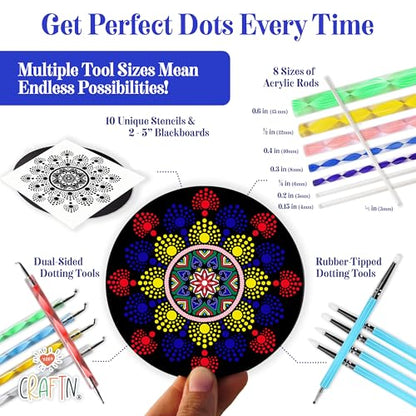 Complete Beginner's Mandala Painting 46 Piece Kit with Acrylic Paints, Reusable Stencils and Dotting Tools. Fun Rock Art & DIY Craft Project. Starter Activity Pack and Gift for Teens, and Adults