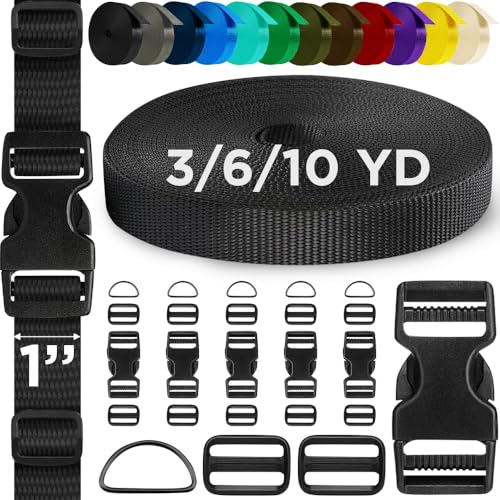 TECEUM 1" Nylon Strap Kit with Buckles, Black 6 yards Repair Set | Heavy duty hardware kit: 6yd webbing, 6 quick release buckles, 12 tri-glide slide clips, 6 metal D-rings for crafting. - color: Black, size: 1" - 6 yards, style: 6 Buckle - 12 Slides - 6 D
