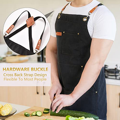 Aoomzoon Canvas Aprons for Men Chef Apron, Work Apron with Large Pockets - 16oz Heavy Duty Cross Back, BBQ, Cooking - color: Black②