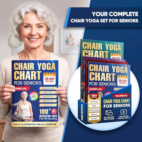 Chair Yoga for Seniors Over 60 Chart 4 Book Set – Chair Yoga Book with 102 Easy Chair Exercises for Seniors included Full HD Videos Instruction, Chair Yoga Chart for Seniors for Balance & Weight Loss