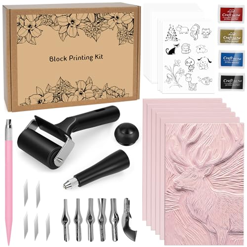LAMPTOP 47 Pcs Block Printing Linocut Kit DIY Printmaking & Craft Projects | Rubber Stamp Making Set with Rubber Blocks,Carving Tools,Brayer & Ink,Complete Stamp Cutter Set for Beginners, Adults, Women
