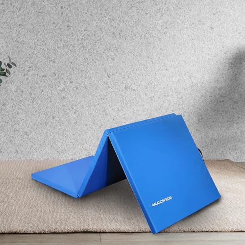 BalanceFrom 6x2 Feet 3-Panel Folding Gymnastics Mat – 1.5-Inch Thick Pad with Vinyl Surface and Carrying Handles for Tumbling, Yoga, Pilates, Home Workouts, and Martial Arts - color: Blue