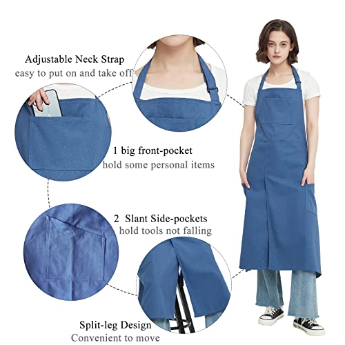 Pottery Apron Split Leg,100% Cotton Artist Apron 3 Pockets for Women Men,Ceramics Clay - color: Blue, size: 43" long