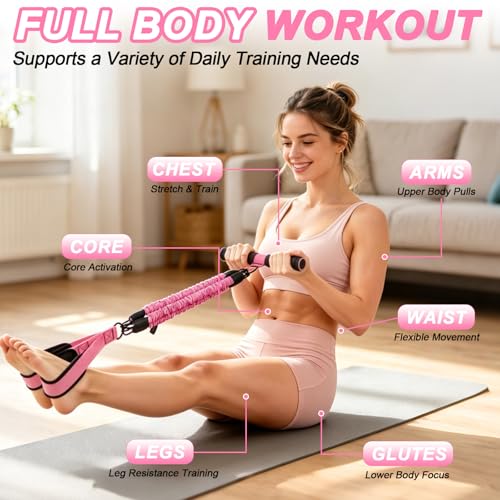Pedal Resistance Band with Handles, 30-90LB Adjustable Thai Natural Rubber Resistance Bands, 3 Removable Covered Tubes, Full Body Workout Equipment for Abs Arms Legs Waist - color: Pink