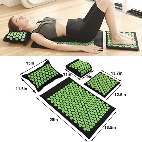 XiaoMaGe 4PCS Set Acupressure Mat and Pillow Set with Carry Bag | Large acupuncture mat for neck & back pain relief, muscle relaxation, circulation support, and post-workout recovery - color: Black-4pcs