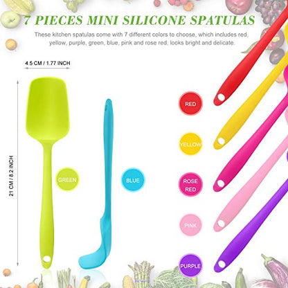 Patelai 7 Pcs Small Silicone Spoonula Spatula, 8.2 Inch Non Stick | One Piece Easy Clean, Flexible for Mixing Baking, Heat Resistant Rubber Spoon Nonstick Pans, Colorful with Hanging Holes