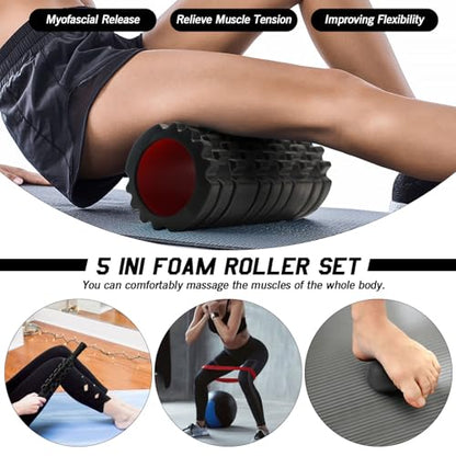 5 in 1 Foam Roller Set High Density Patented Foam Roller for Exercise - color: Pure Black