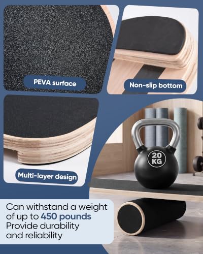 Balance Board for Adults, Surf Trainer with Wooden Roller | 300lbs capacity, non-slip wooden surface, for surfing snowboarding skateboarding yoga, core strength & balance training