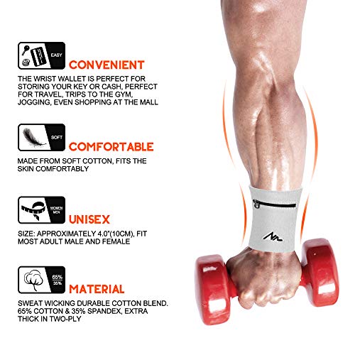 NEWZILL Wrist Wallet Wristband with Zipper - Cotton Sweatbands for Men & Women, Ideal for Running, Walking, Basketball, Football, Tennis, Hiking - color: White, style: Large-1PCS