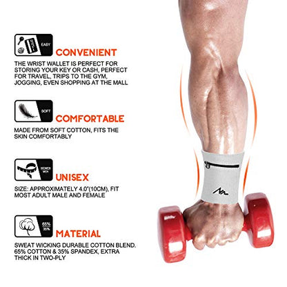 NEWZILL Wrist Wallet Wristband with Zipper - Cotton Sweatbands for Men & Women, Ideal for Running, Walking, Basketball, Football, Tennis, Hiking - color: White, style: Large-1PCS
