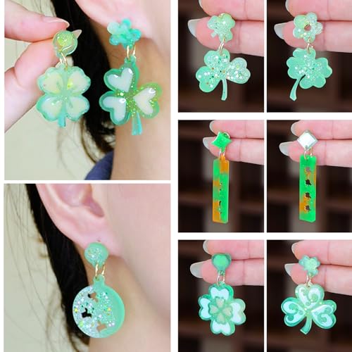 3 Pack St. Patrick's Day Resin Earring Molds Shamrock Earring Silicone Molds Irish Four-Leaf Clover Casting Epoxy Earring Resin Molds with 150 Earring Hook Kit for DIY Crafts Jewelry Making Keychains