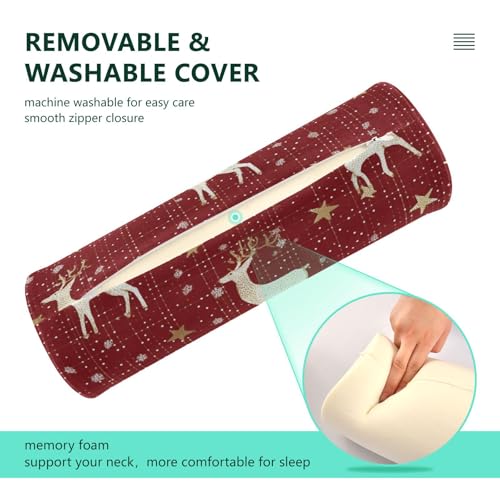 Christmas Red Reindeer Star Dots Neck Roll Pillow Bolster Round Health Memory Foam Long Cervical Cylinder Pillows with Removable Washable Cover for Body Bed Legs Back Yoga - color: Christmas Red Reindeer Star Dots