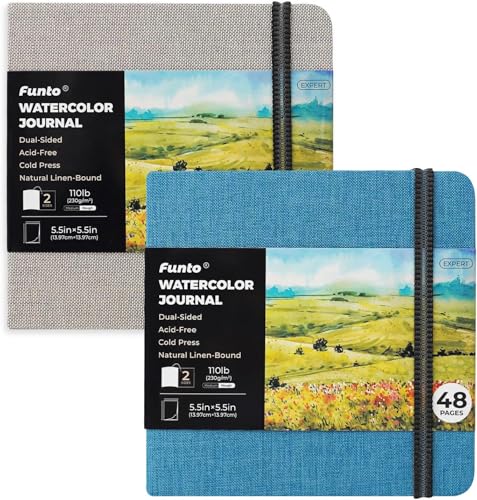 Funto Watercolor Journal, Square, 5.5x5.5, Portable 2-Pack, 48 Pages Each, Gray&Blue Cover, 110lb/230gsm, Art Supplies for Mixed Media - color: Gray&Blue