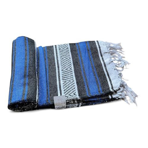 Mexican Falsa Blanket Serepe Throw Authentic Handwoven Saddle Multi-Use for Yoga, Beach, Camping and Picnics - Durable Outdoor Indoor. 60% Cotton. - color: Blue