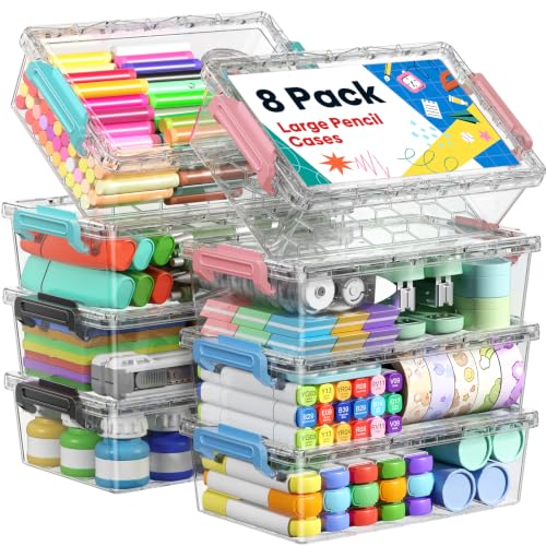 BiuLeon 8 Pack Large Pencil Box Set, Plastic Clear Pencil Case Marker Organizer, Crayon Box Craft Organizers, Stackable Storage Containers with Lid for Pen, Art and Craft Supplies(Color) - color: Green/Blue/Pink/Black