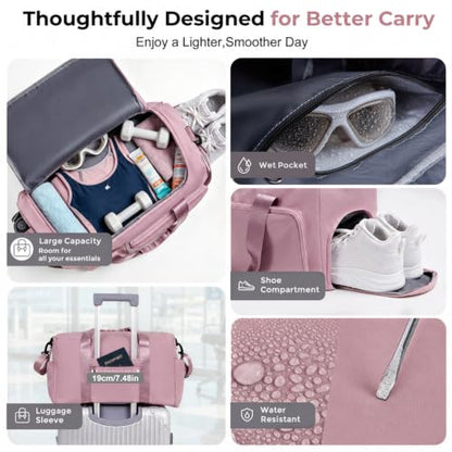 FIORETTO Women's Gym Duffle Bag with Shoes Compartment, 30L Capacity, Ideal for Travel, Gym, Sports, Duffel, Weekender - color: Grayish Pink, style: Gym Bag