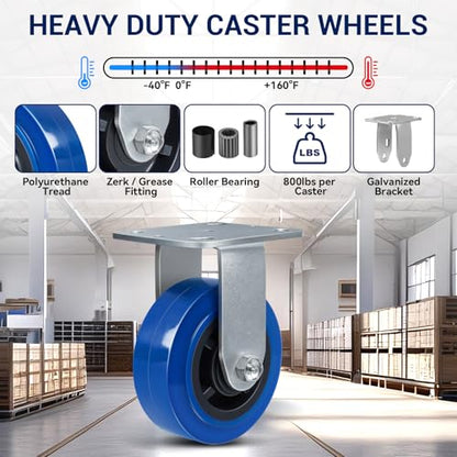 5'' X 2'' Caster, Heavy Duty Caster Wheel, Polyurethane on Polyolefin Core with Roller Bearing, Load 800lbs per Industrial Casters (1 Rigid) - style: 1 Rigid