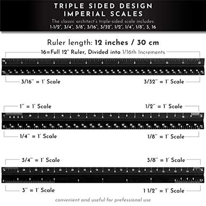12-Inch Architectural and Engineering Scale Ruler Set (Imperial) | Laser-Etched Aluminum Triangular Drafting Tool | for Architect and Civil Engineer Blueprints | Standard Metal Ruler Included